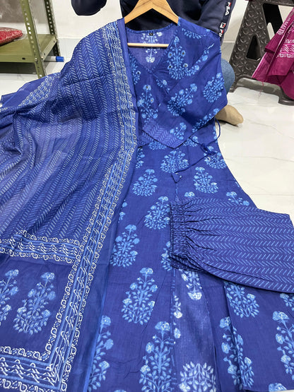 Cotton Angrakha Style Anarkali Dupatta Set with Mirror Work – Blue