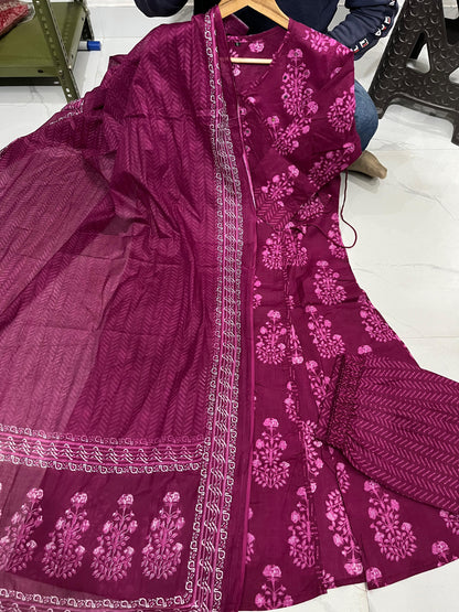 Maroon Cotton Angrakha Style Anarkali Dupatta Set with Mirror Work