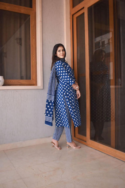 Blue Angrakha-Style Straight Kurti with Polka Dot Print, Lace & Sequin Work - Top, Pant, and Dupatta Set