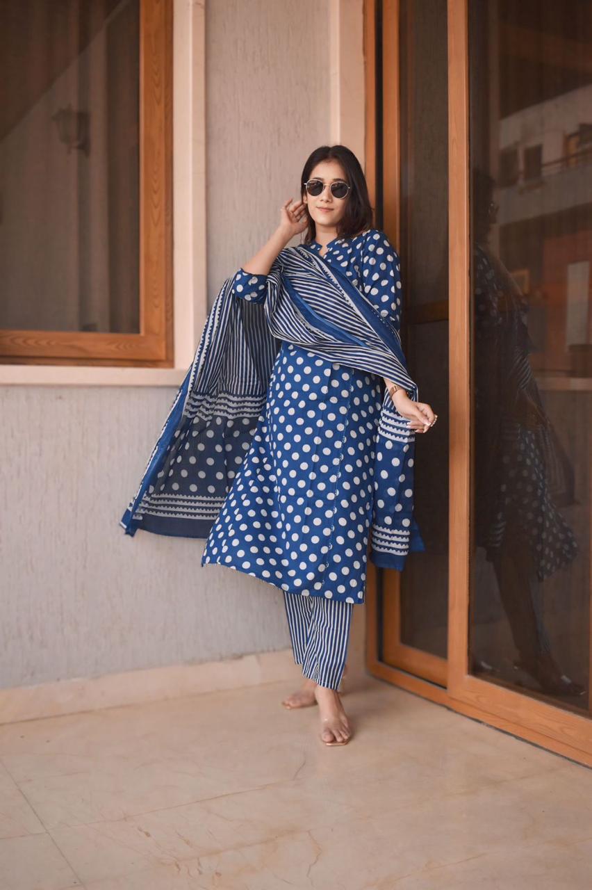 Blue Angrakha-Style Straight Kurti with Polka Dot Print, Lace & Sequin Work - Top, Pant, and Dupatta Set