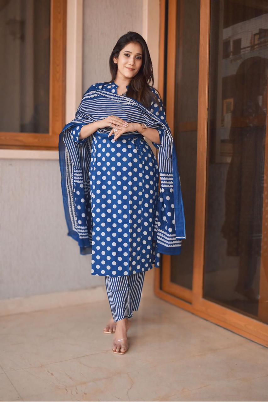 Blue Angrakha-Style Straight Kurti with Polka Dot Print, Lace & Sequin Work - Top, Pant, and Dupatta Set