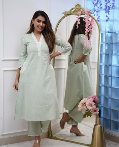 Cotton Thread Embroidery Kurti with Pocket and Pant Set