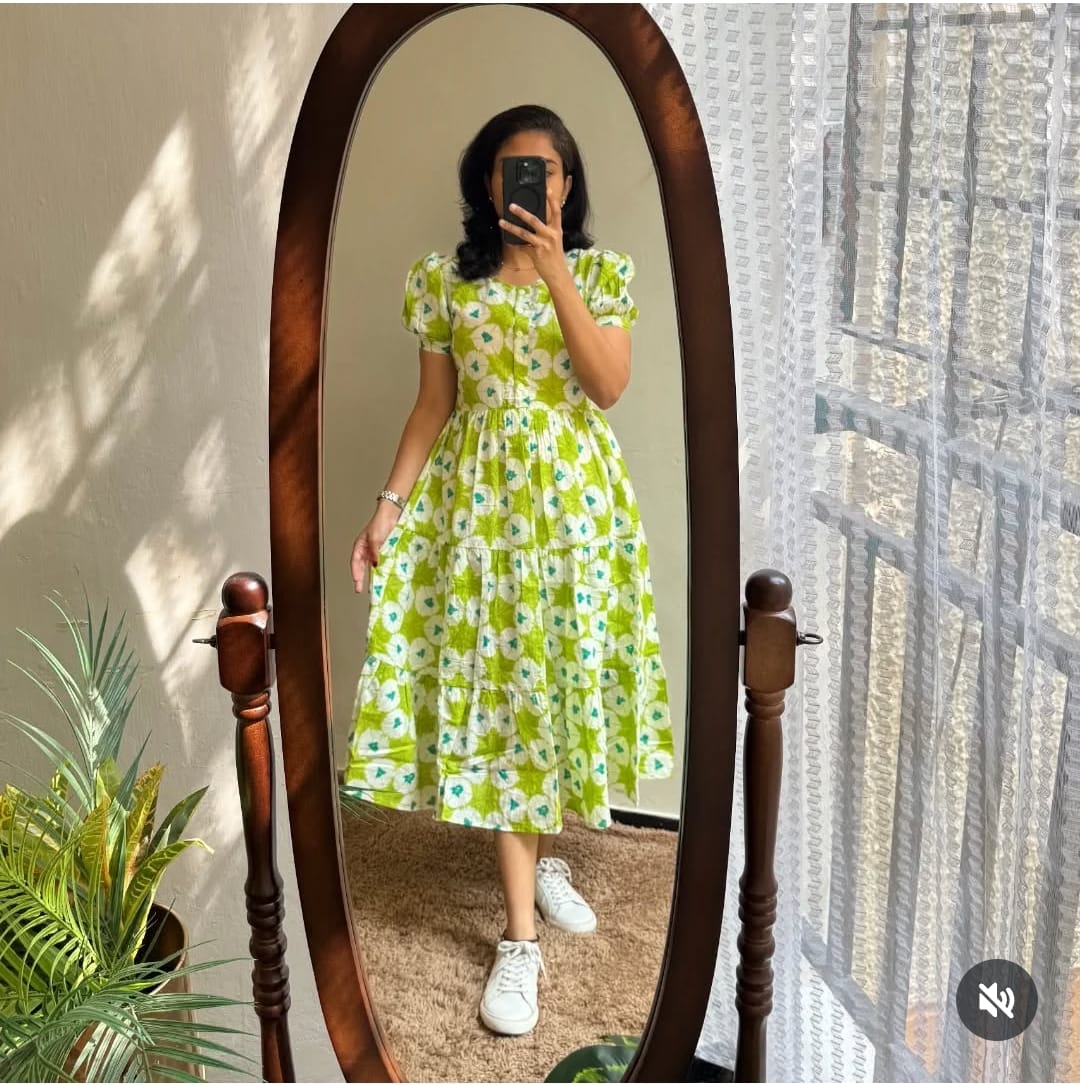 Green Ikat Print Cotton Flair Middy Gown Floral Procin Design Sukriti Store Green Ikat Print Cotton Flair Middy Gown Floral Procin Design Sukriti Store