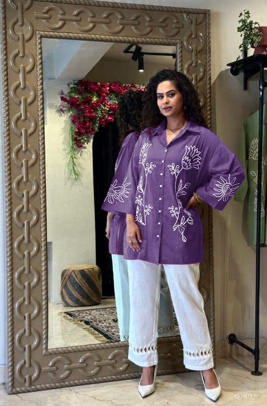 A-Line Cotton Kurta Pant Set with Embroidery & Pocket