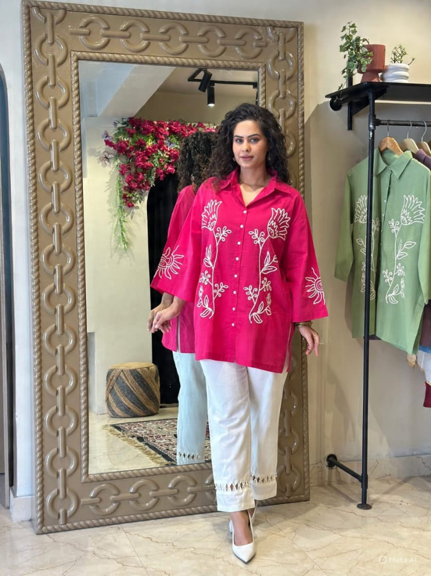 A-Line Cotton Kurta Pant Set with Embroidery & Pocket