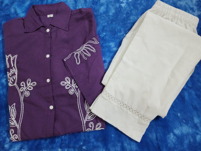 A-Line Cotton Kurta Pant Set with Embroidery & Pocket