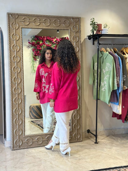 A-Line Cotton Kurta Pant Set with Embroidery & Pocket