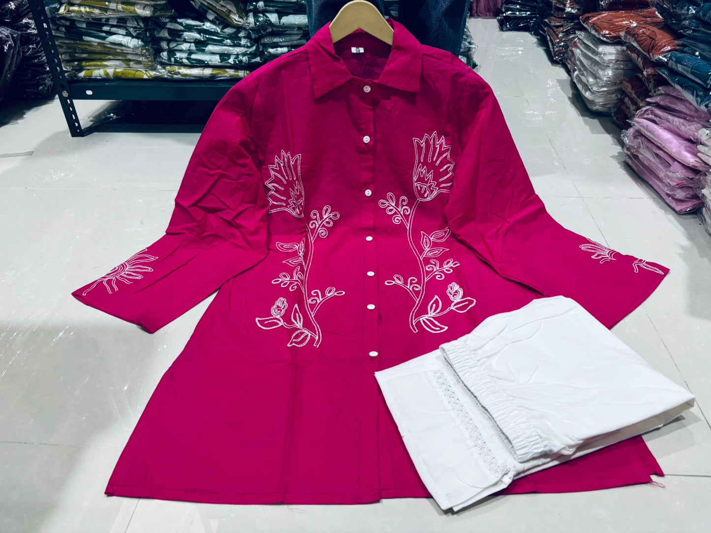 A-Line Cotton Kurta Pant Set with Embroidery & Pocket