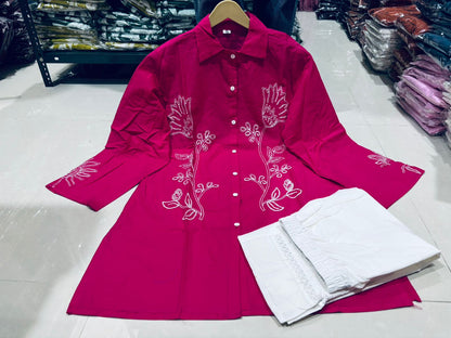 A-Line Cotton Kurta Pant Set with Embroidery & Pocket