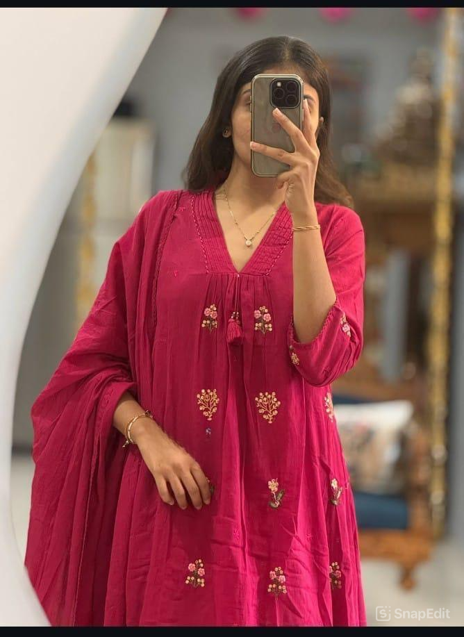 A-Line Cotton Kurti Pant Set with Dupatta