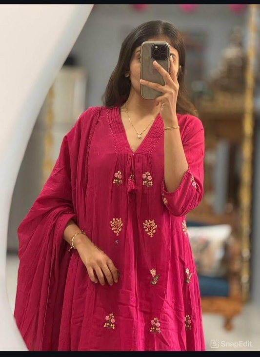 A-Line Cotton Kurti Pant Set with Dupatta