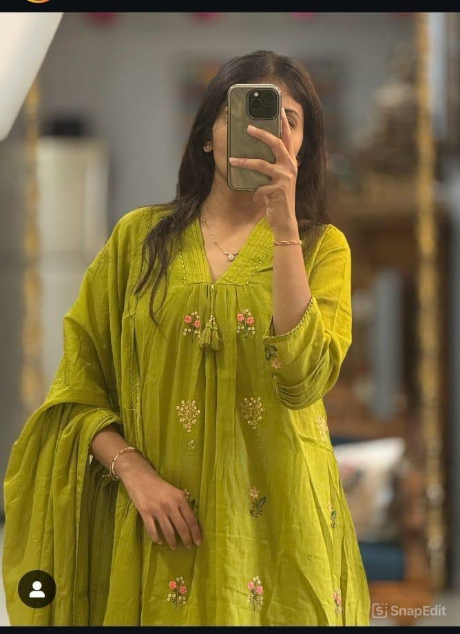 A-Line Cotton Kurti Pant Set with Dupatta