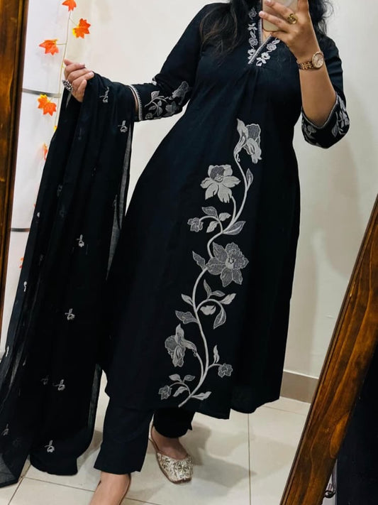 A-Line Cotton Kurti Pant Set with Embroidered Work & Malmal Dupatta