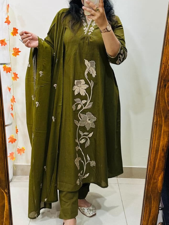 A-Line Cotton Kurti Pant Set with Embroidered Work & Malmal Dupatta