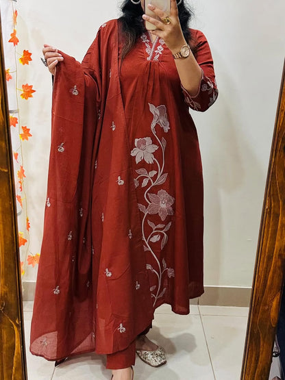 A-Line Cotton Kurti Pant Set with Embroidered Work & Malmal Dupatta