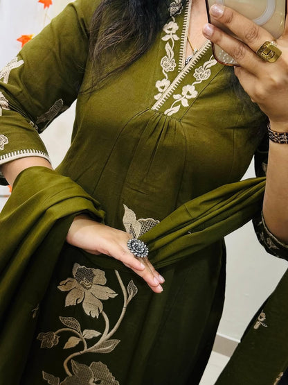 A-Line Cotton Kurti Pant Set with Embroidered Work & Malmal Dupatta