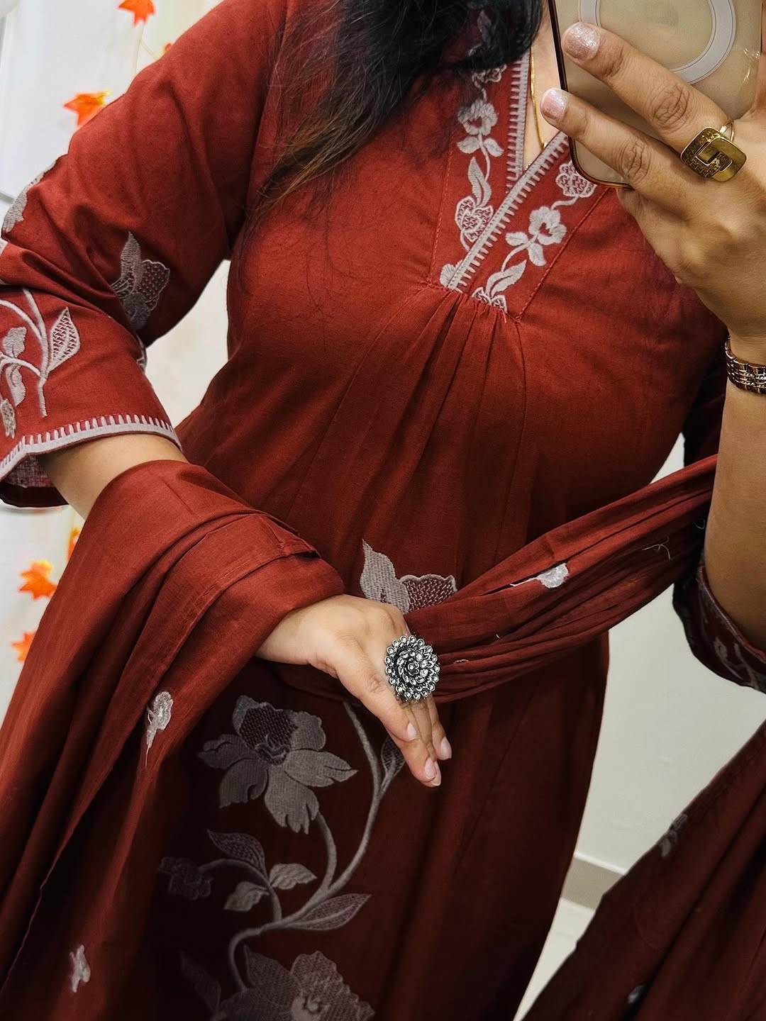 A-Line Cotton Kurti Pant Set with Embroidered Work & Malmal Dupatta