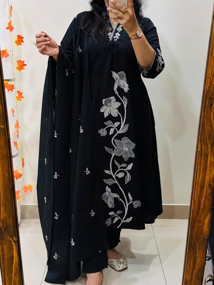 A-Line Cotton Kurti Pant Set with Embroidered Work & Malmal Dupatta