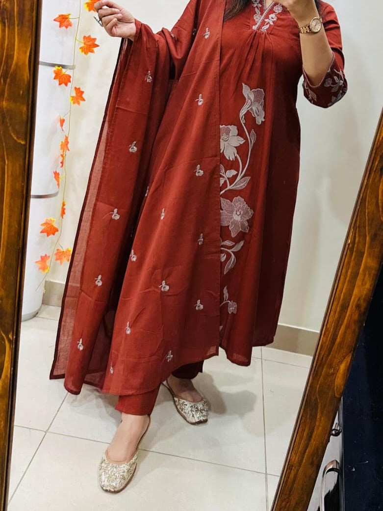 A-Line Cotton Kurti Pant Set with Embroidered Work & Malmal Dupatta