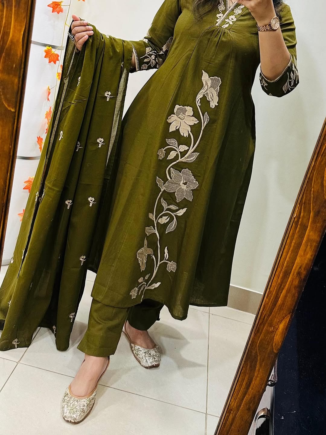 A-Line Cotton Kurti Pant Set with Embroidered Work & Malmal Dupatta
