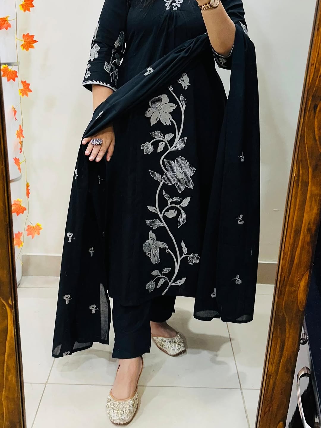 A-Line Cotton Kurti Pant Set with Embroidered Work & Malmal Dupatta