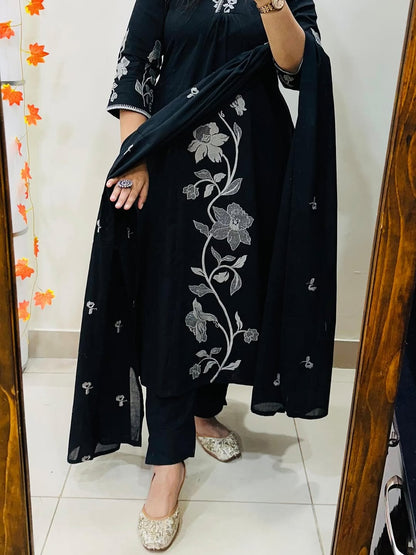 A-Line Cotton Kurti Pant Set with Embroidered Work & Malmal Dupatta
