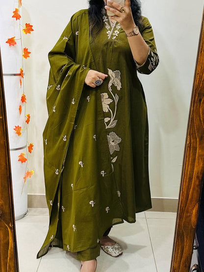 A-Line Cotton Kurti Pant Set with Embroidered Work & Malmal Dupatta