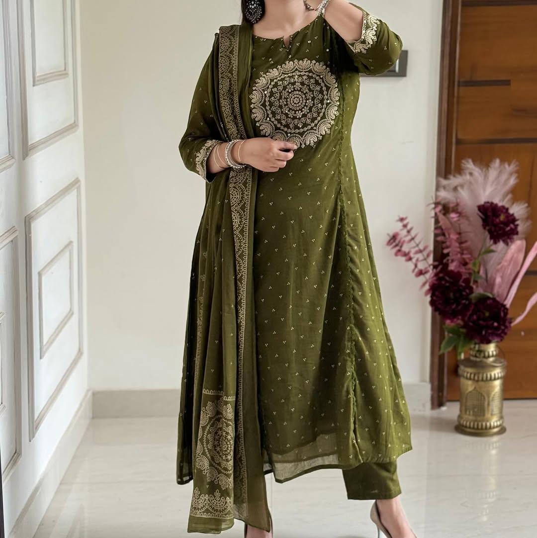 A-Line Cotton Kurti Set with Embroidered Yoke & Dupatta
