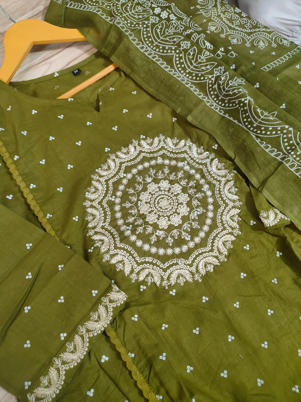 A-Line Cotton Kurti Set with Embroidered Yoke & Dupatta