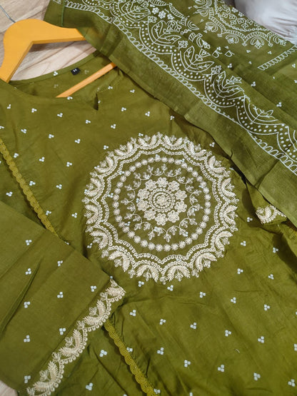 A-Line Cotton Kurti Set with Embroidered Yoke & Dupatta