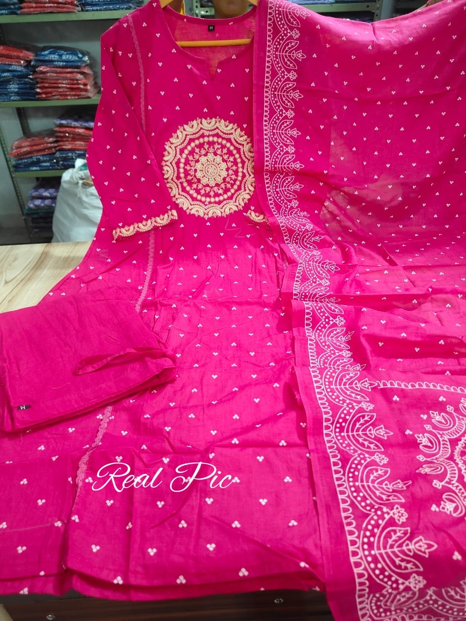 A-Line Cotton Kurti Set with Embroidered Yoke & Dupatta