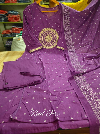 A-Line Cotton Kurti Set with Embroidered Yoke & Dupatta