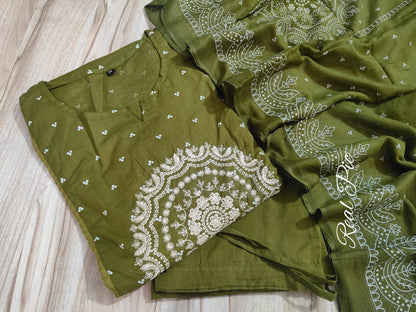 A-Line Cotton Kurti Set with Embroidered Yoke & Dupatta