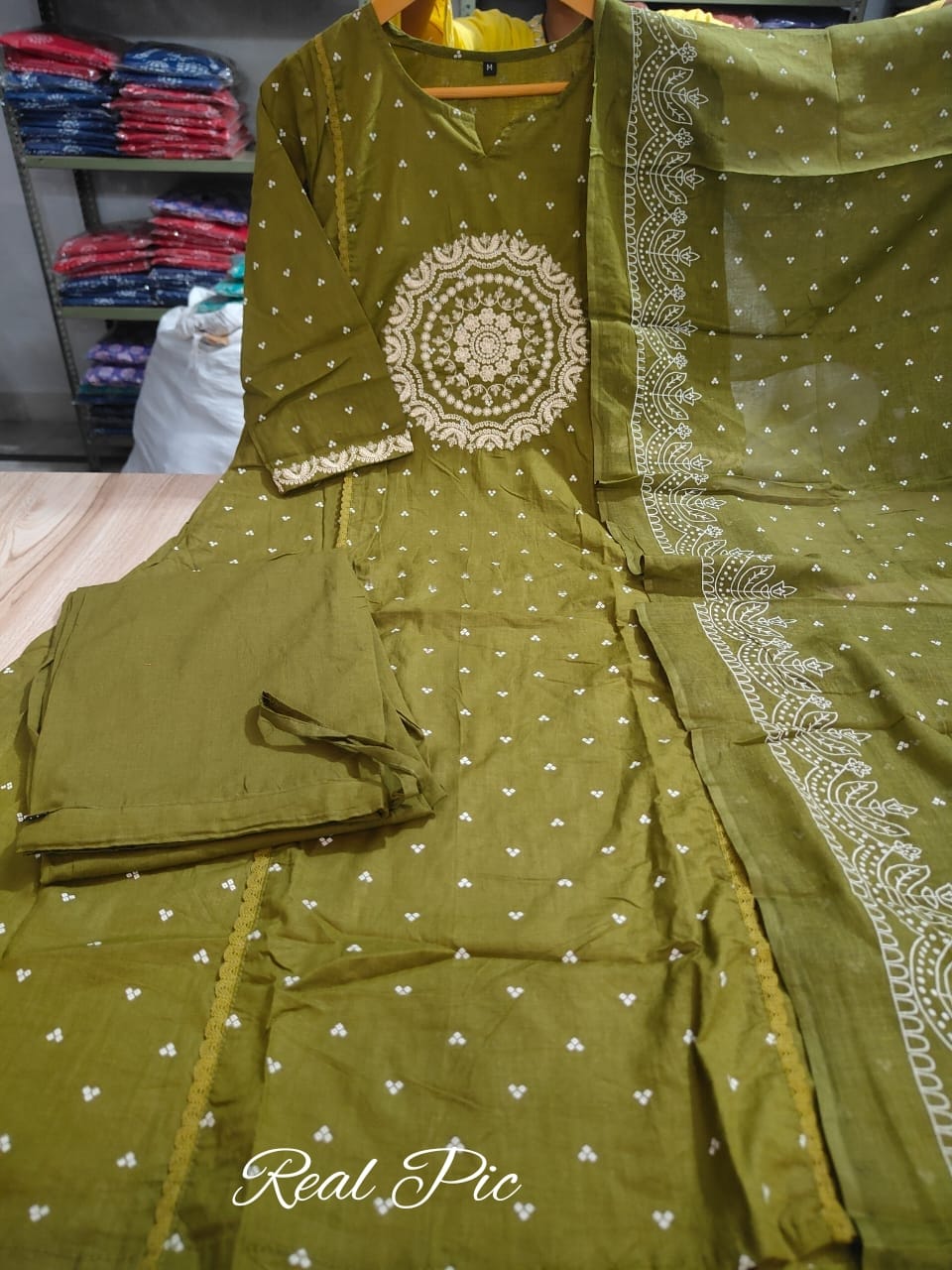 A-Line Cotton Kurti Set with Embroidered Yoke & Dupatta