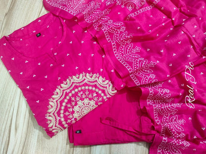 A-Line Cotton Kurti Set with Embroidered Yoke & Dupatta