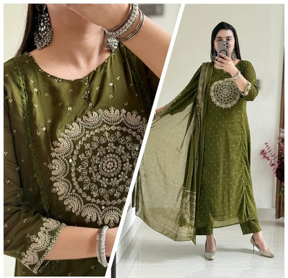 A-Line Cotton Kurti Set with Embroidered Yoke & Dupatta