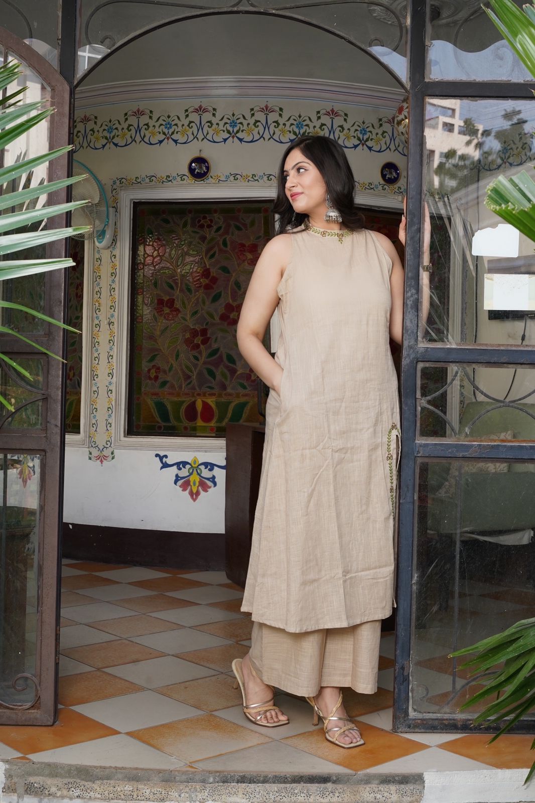A-Line Cotton Slub Kurti Palazzo Set with Embroidery & Pocket