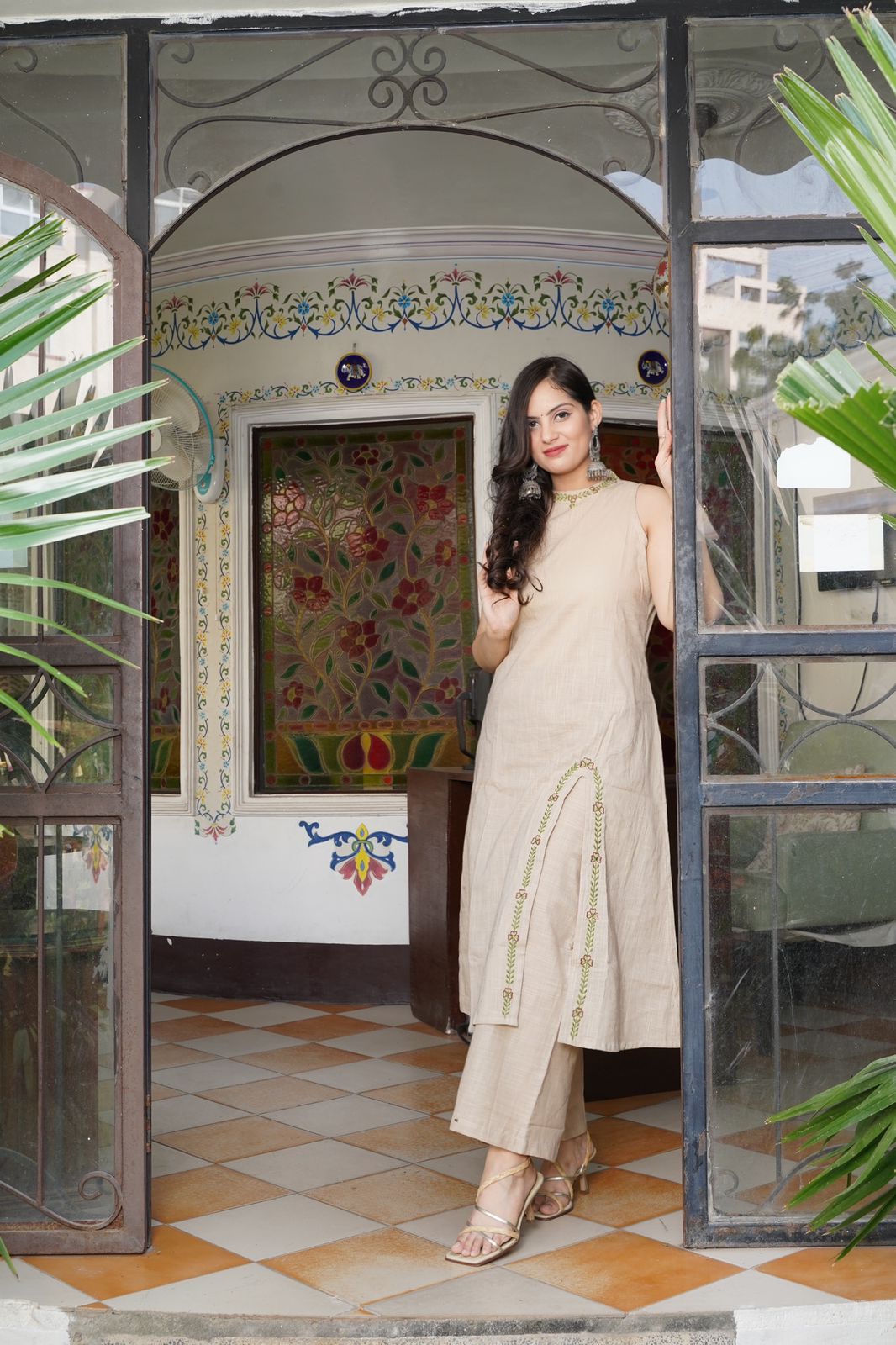 A-Line Cotton Slub Kurti Palazzo Set with Embroidery & Pocket