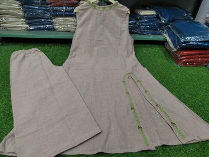 A-Line Cotton Slub Kurti Palazzo Set with Embroidery & Pocket