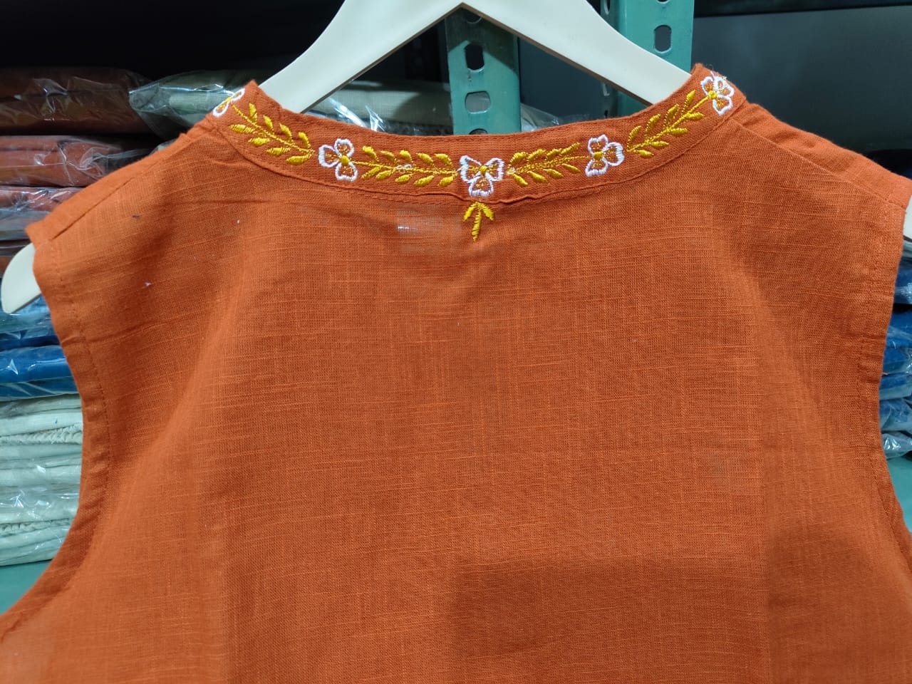 A-Line Cotton Slub Kurti Palazzo Set with Embroidery – Rust