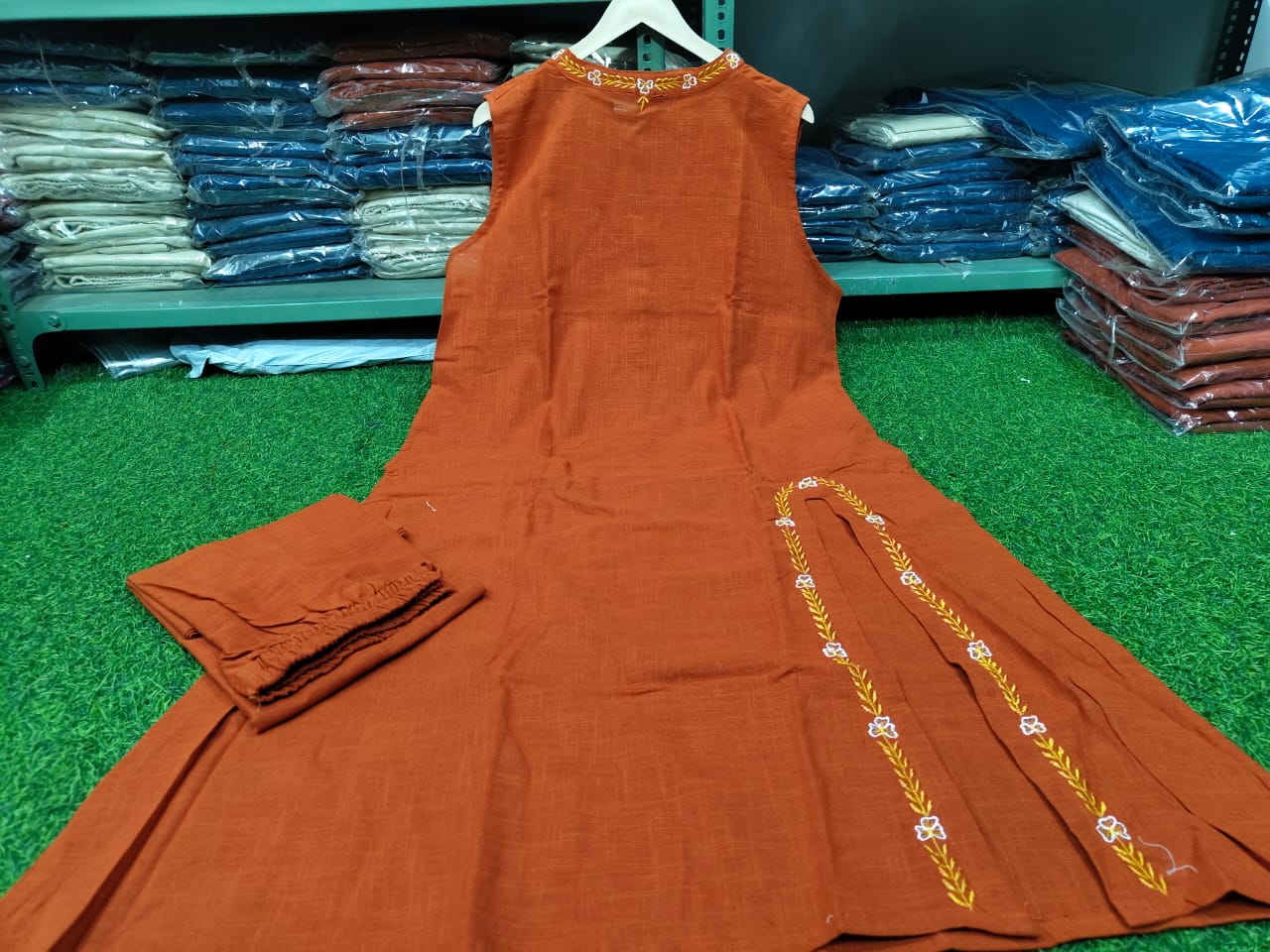 A-Line Cotton Slub Kurti Palazzo Set with Embroidery – Rust