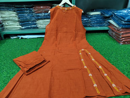 A-Line Cotton Slub Kurti Palazzo Set with Embroidery – Rust