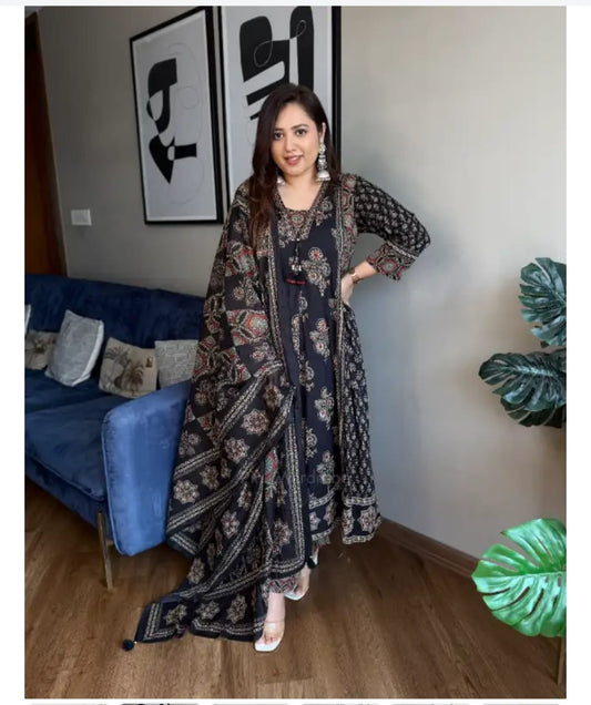 A-Line Floral Print Cotton Kurta Pant with Dupatta Suit Set
