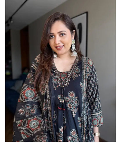 A-Line Floral Print Cotton Kurta Pant with Dupatta Suit Set