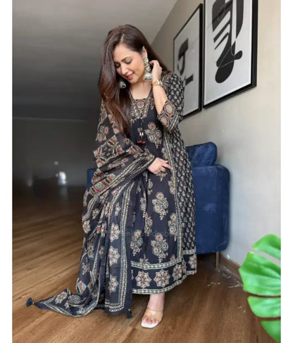 A-Line Floral Print Cotton Kurta Pant with Dupatta Suit Set