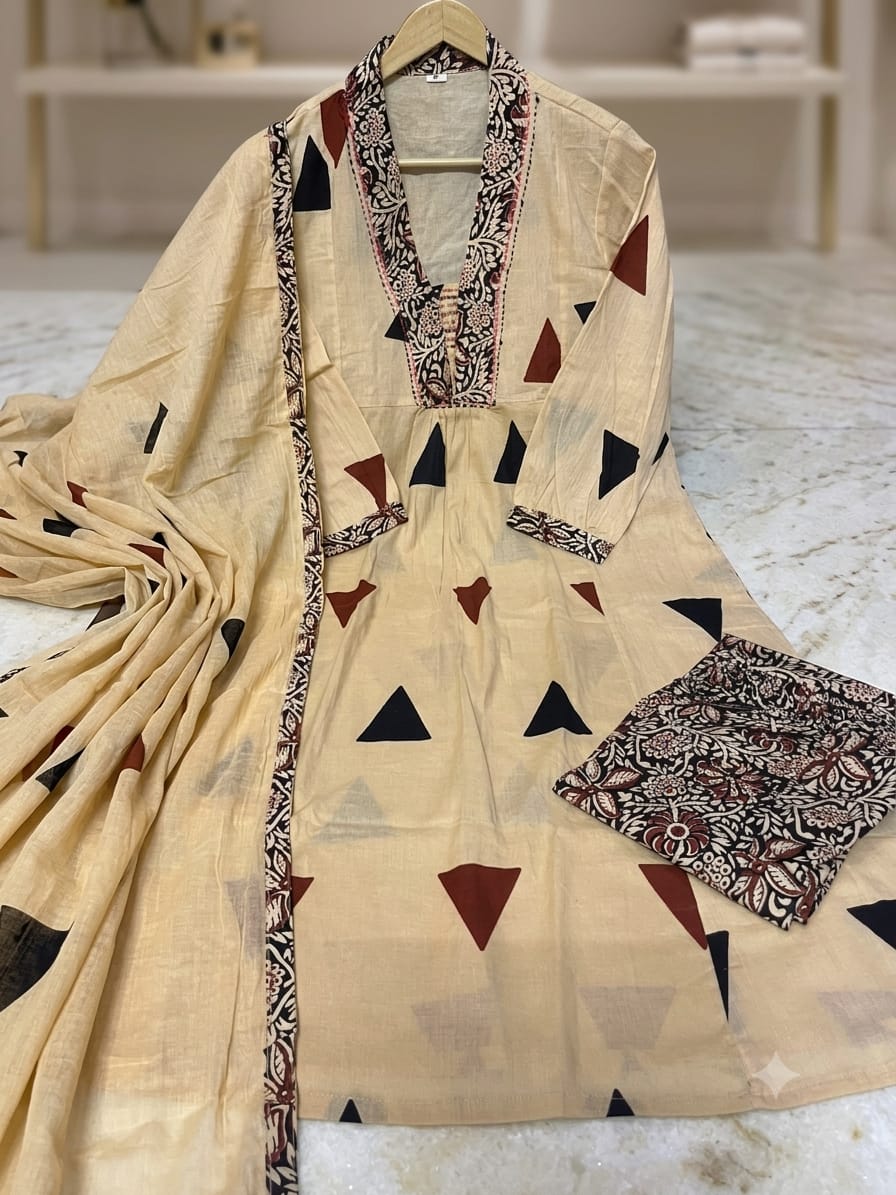 Ajarakh Print Cotton Suit Set with Pant & Dupatta | 3 Piece Set