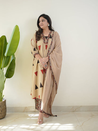 Ajarakh Print Cotton Suit Set with Pant & Dupatta | 3 Piece Set