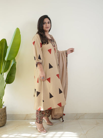 Ajarakh Print Cotton Suit Set with Pant & Dupatta | 3 Piece Set