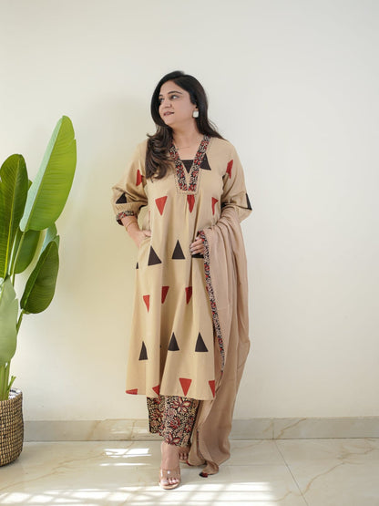 Ajarakh Print Cotton Suit Set with Pant & Dupatta | 3 Piece Set