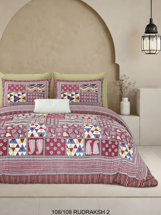 Ajrak Print King Size Cotton Viscose Blend Bedsheet with 2 Pillow Covers | 108x108 Inches